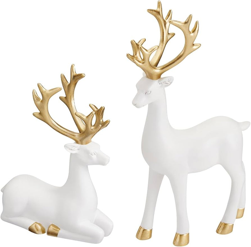 Antique Deer 2 Pcs Sculpture Set White-Gold