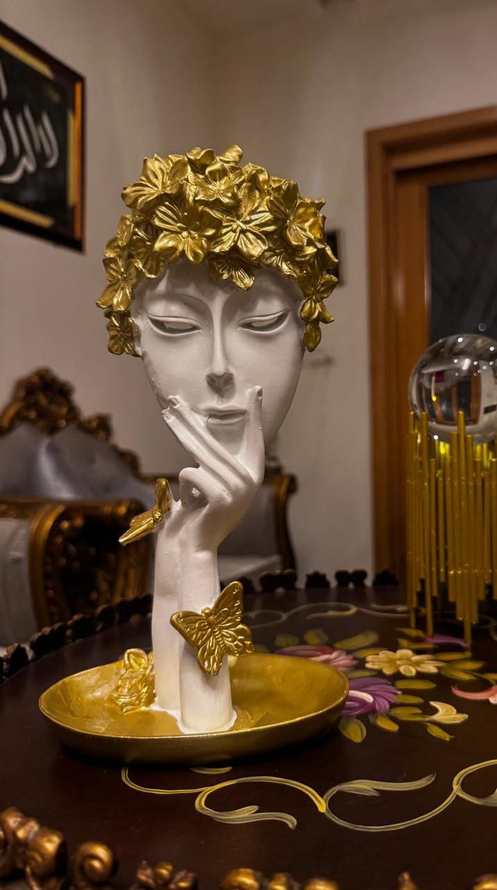 Resin Face Thinker Statue Butterfly Theme Golden and Pearl White